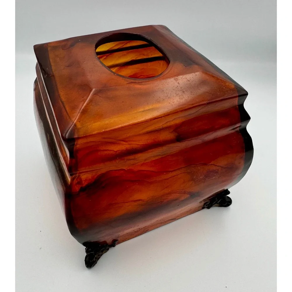 Vintage Faux Tortoiseshell Lucite Acrylic Tissue Box Cover Ornate Resin Feet